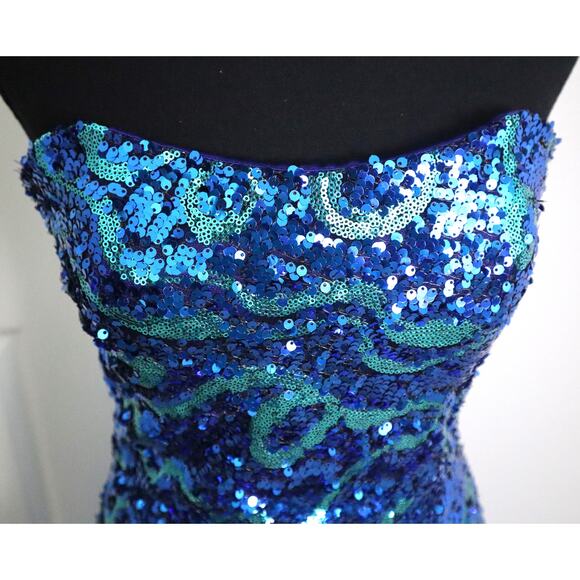 Vienna Blue Strapless Dress Sequin Chiffon Tiered Ruffled Bottom Hi Low Gown 6 - Picture 4 of 14